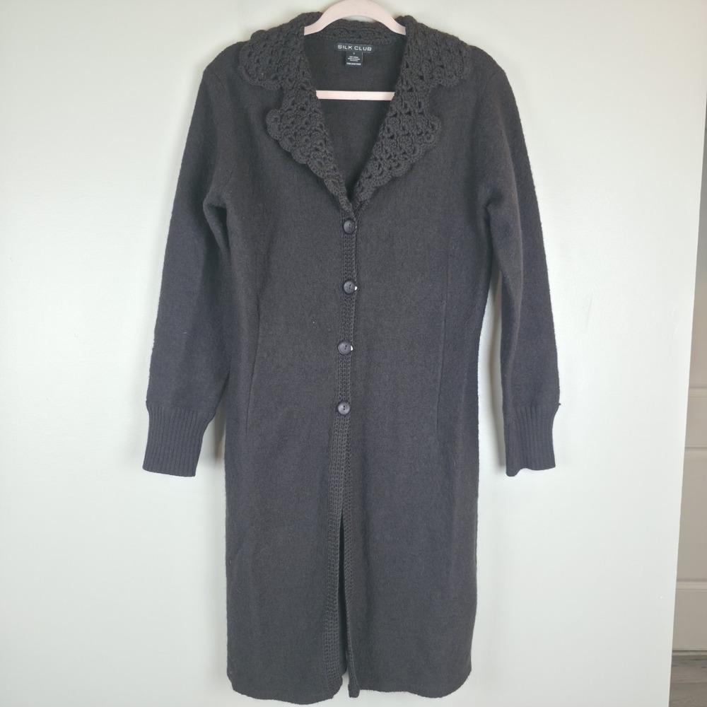 Silk Club Women's Wool Cardigan Long Coat Crochet Collar Brown Cottagecore Small